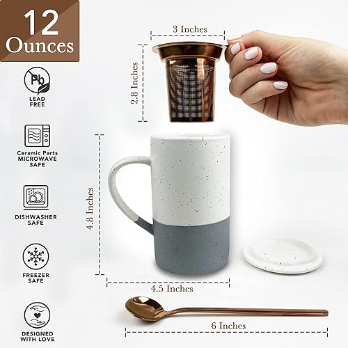 Miniatura 2 de Taza de Té Mora Ceramics con Infusor de Hojas Sueltas, Cuchara y Tapa, 12 oz, Taza de Café Apta para Microondas y Lavavajillas - Esmalte Cerámico