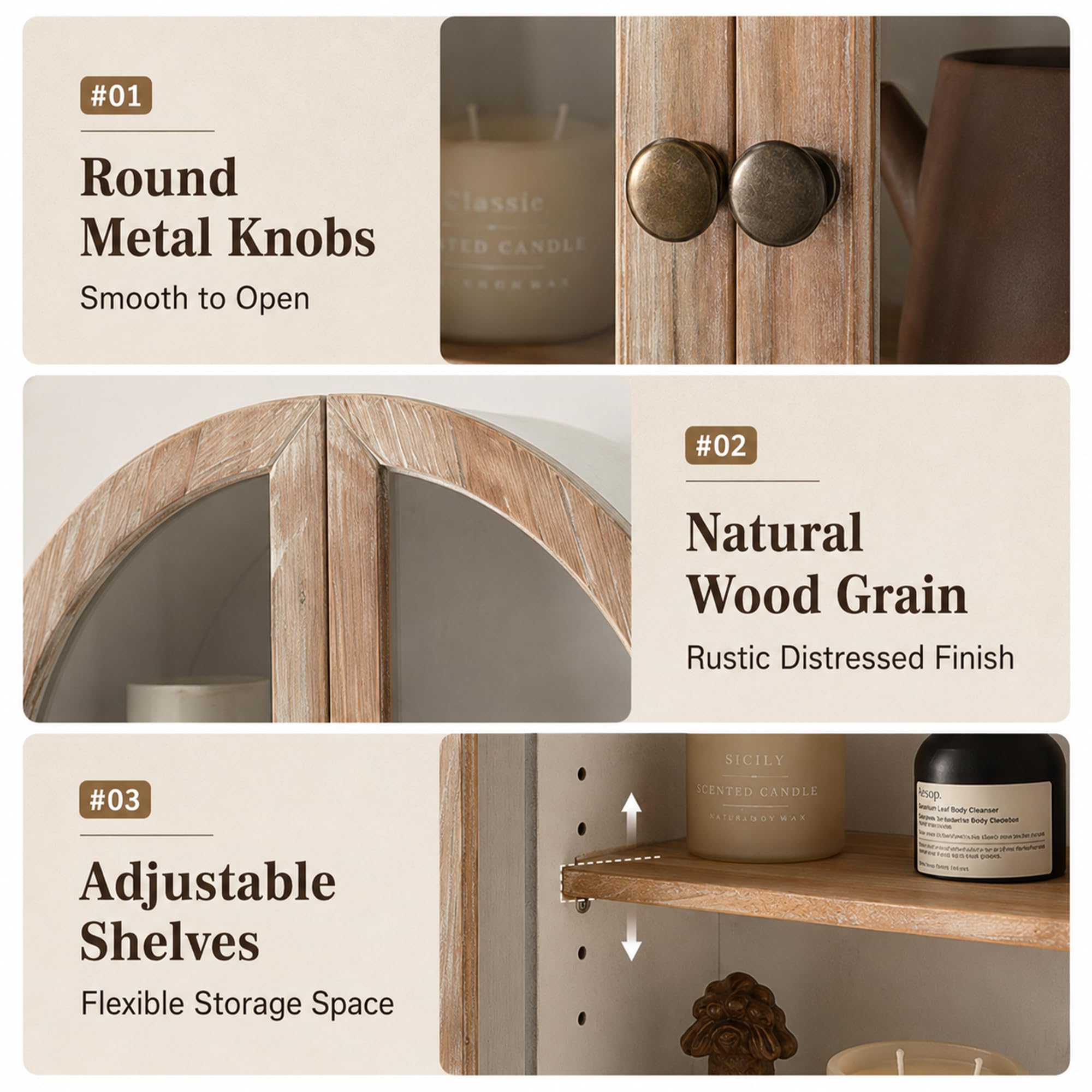 Armario de Pared Vintage con Puertas de Cristal y Estantes Ajustables