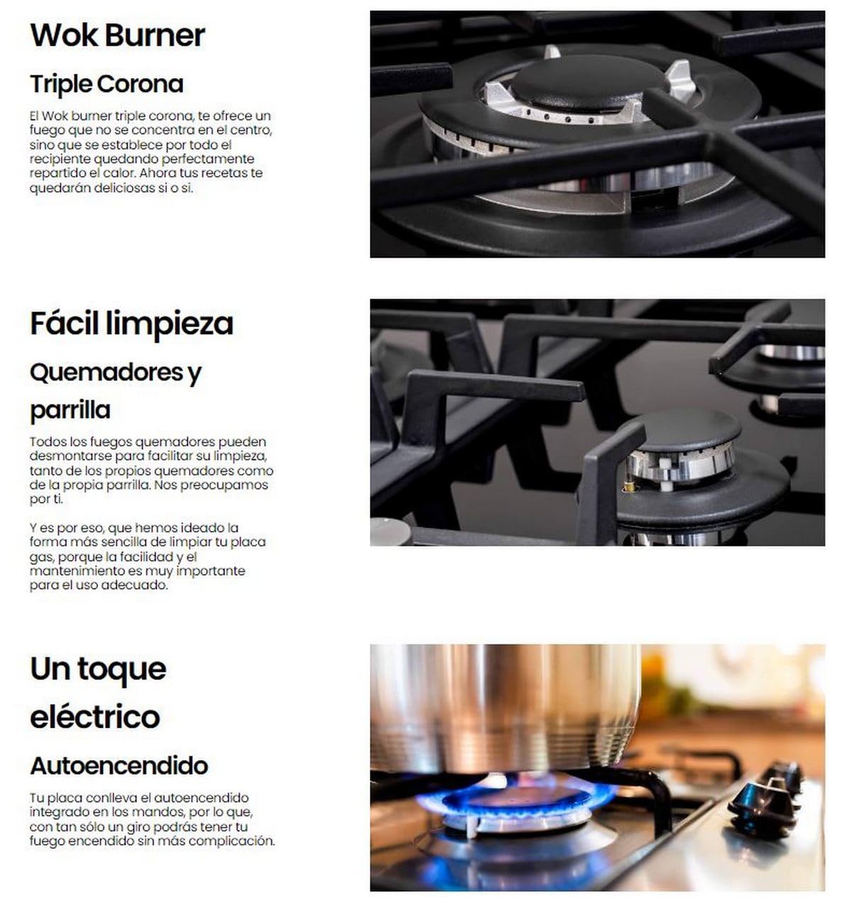 PLACA DE GAS GAS-320WB INFINITON (Ancho 60cm, 3 Fuegos, INOX, Triple corona, Encendido electronico, Limpieza facil, Seguridad termopar)