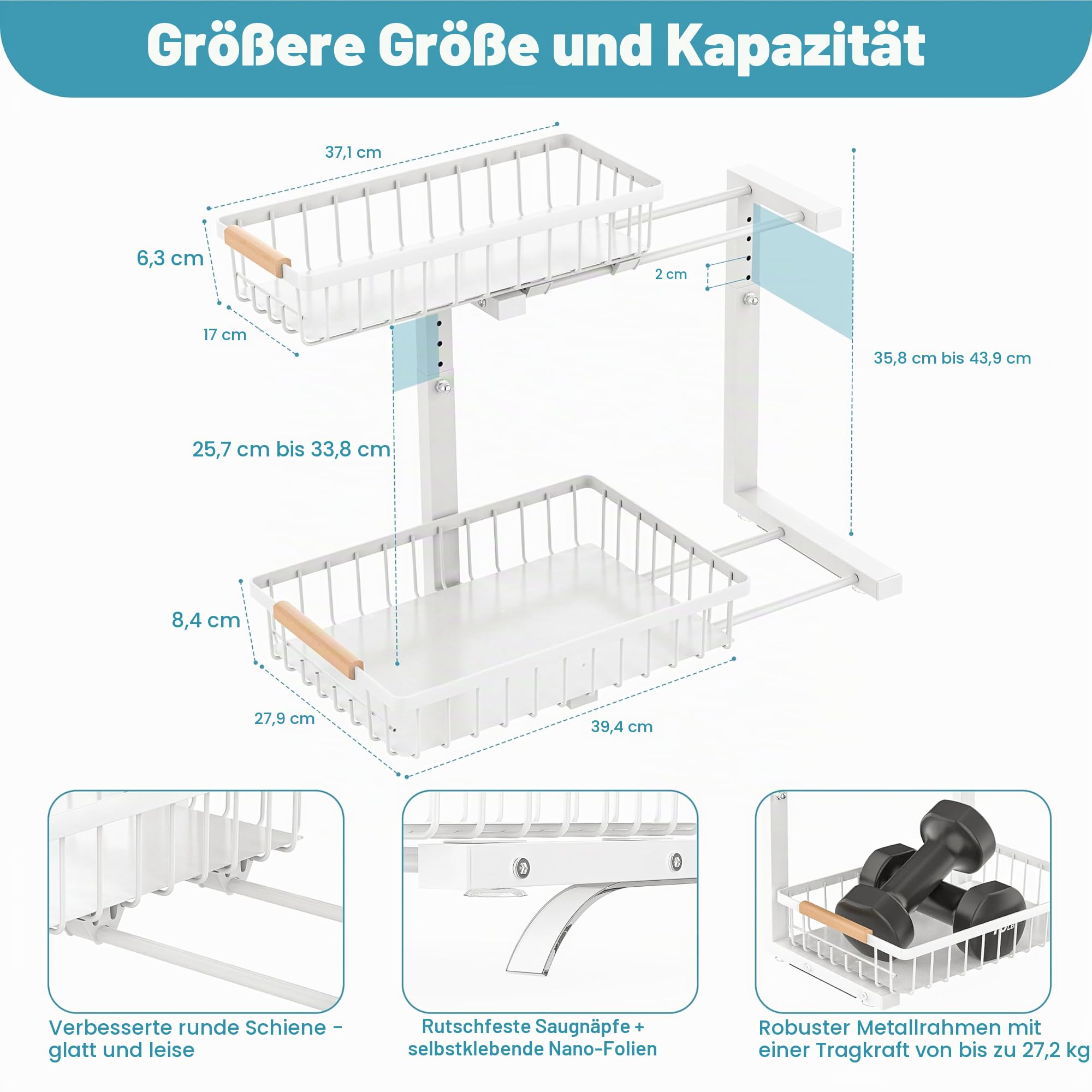 Liuoud Organizer unter der Spüle 1 Packung, 2-stufiger Organizer mit ausziehbaren Schubladen und verstellbarer Höhe, Schubladen-Organizer für Schrank unter der Spüle, Organizer für Küche und Bad in