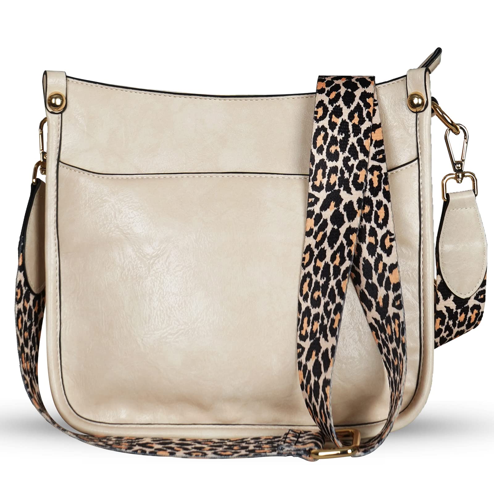 KOGTLA Women's Crossbody Shoulder Bag with Leopard Guitar Strap,Vegan Faux Leather Purse Handbag Bucket Tote Bag Beige