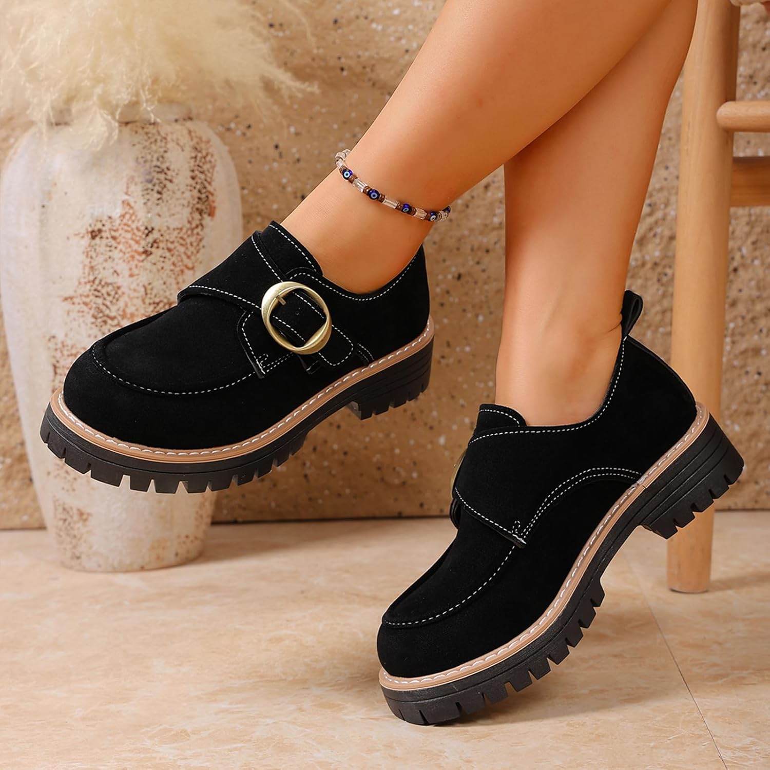 Women's Suede Chunky Platform Penny Loafers with Metal Buckle Round Toe Non-Slip Lug Sole Casual Dress Shoes for Business Office Work Everyday Wear - Image 7