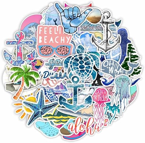 50 Pcs Sea Stickers Vacation Decals for Water Bottle Hydro Flask Laptop Luggage Car Bike Bicycle Waterproof Vinyl Beach Surfing Stickers Pack