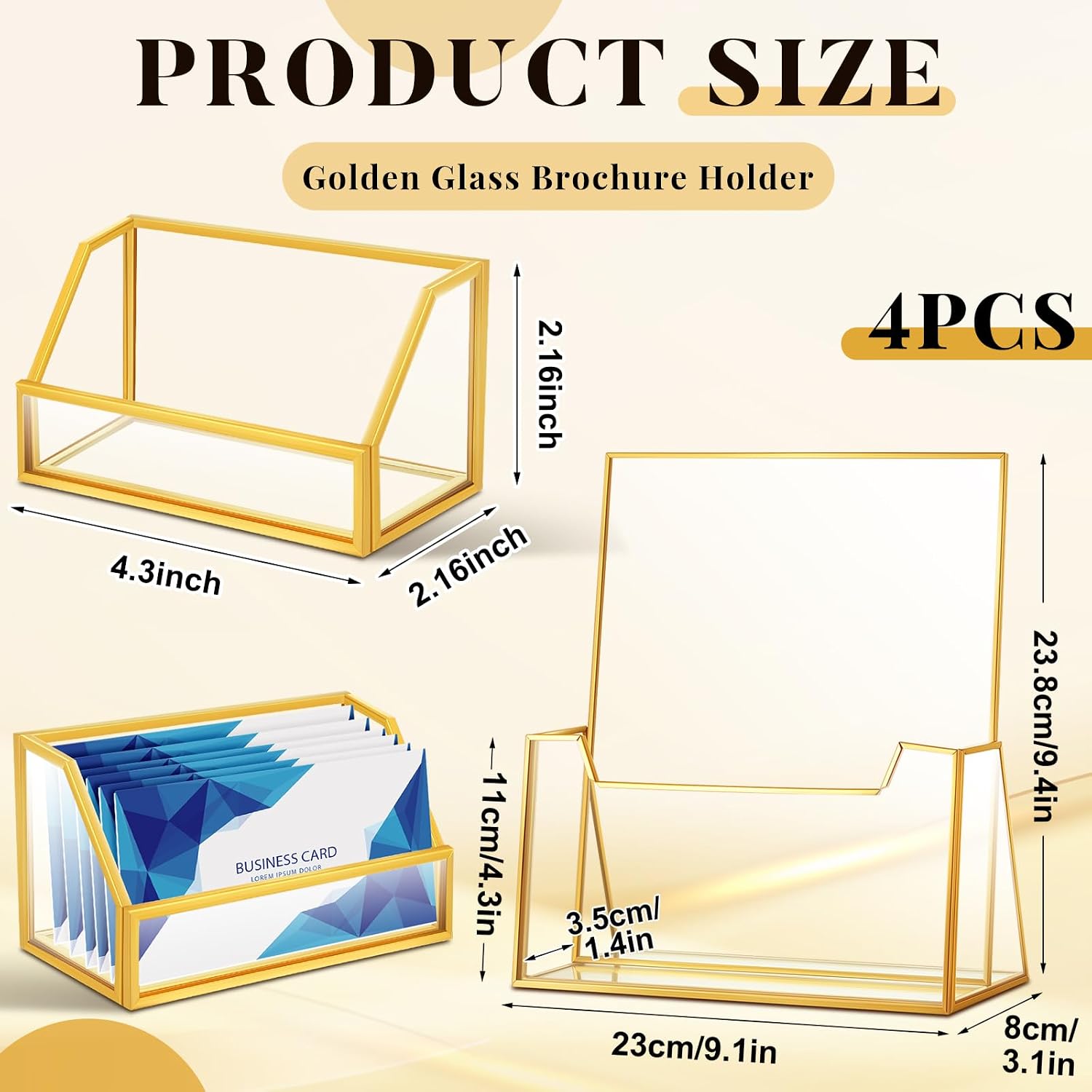 Watersay 4 Pcs Glass Display Stand Set 2 Gold Glass Brochure Holder Stand 2 Gold Business Card Holder for Office Desktop Countertop Name Card Magazine Literature Journal(8.5 x 11'')
