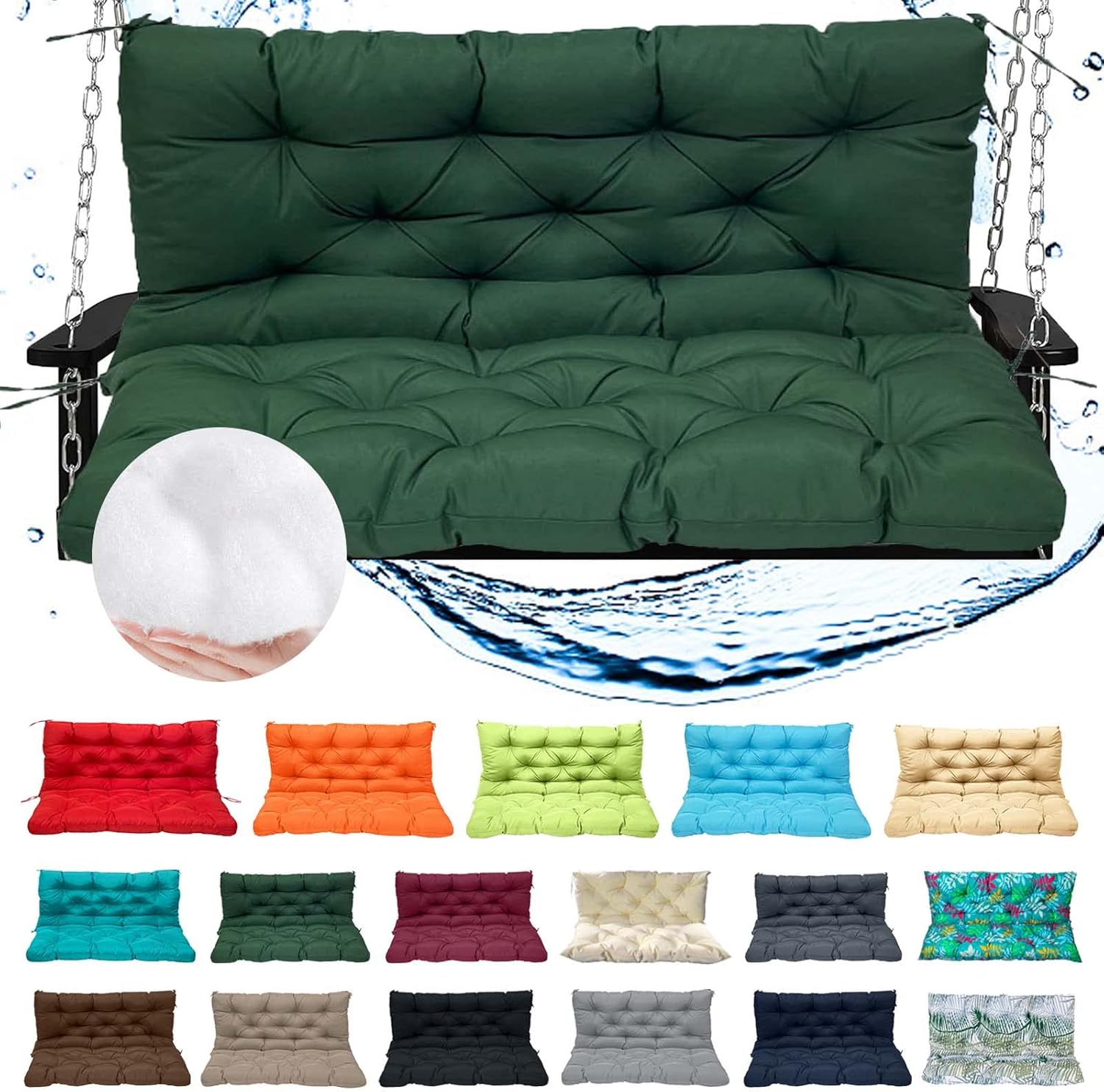 Bench Cushion Porch Swing Cushions Outdoor, Patio Chair Cushions High Back Waterproof Bench Pad 60 inch Thicken Swing Replacement Cushions for Outdoor Furniture (Dark Green 60x40in)