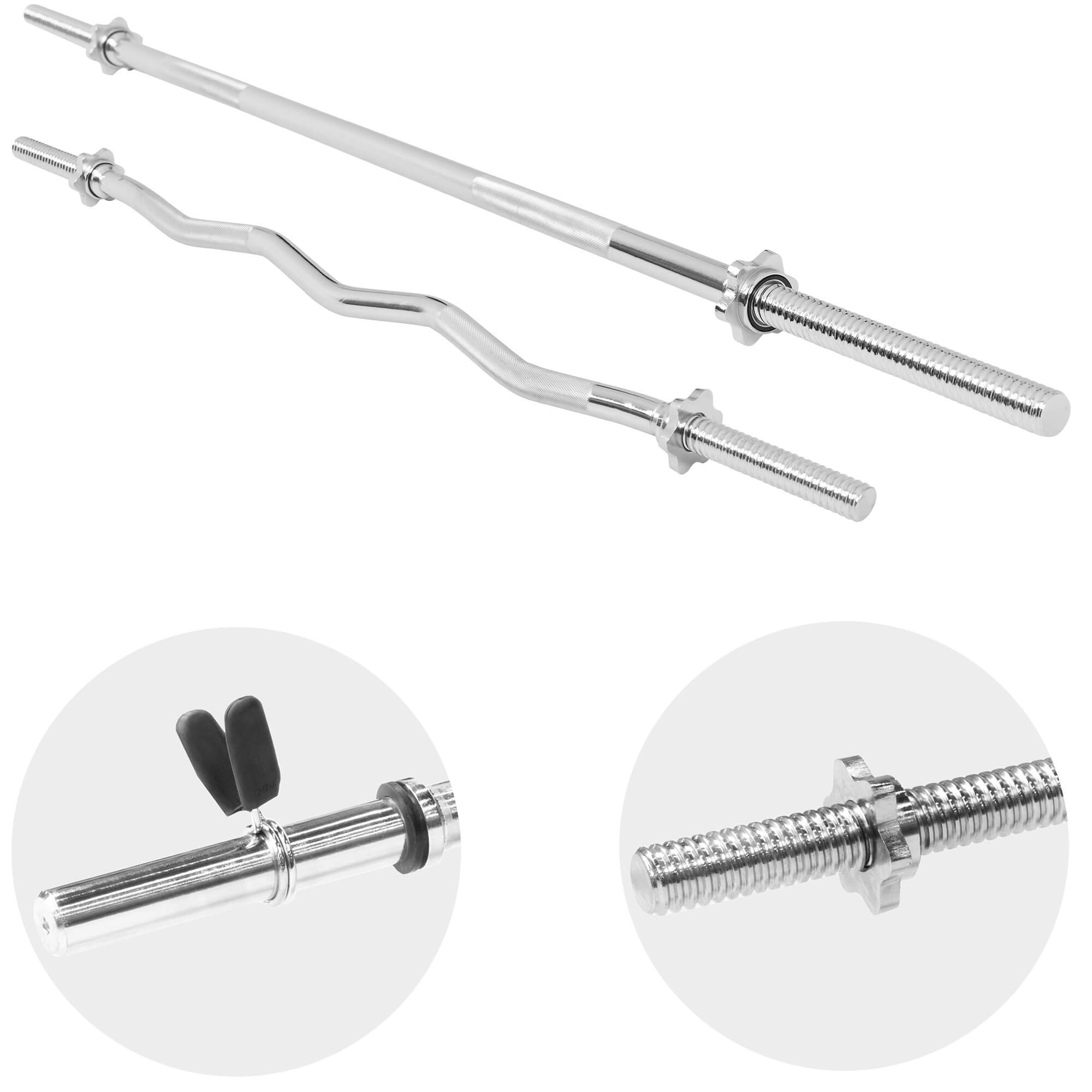 GORILLA SPORTS® Ensemble de Barres d'Halteres - Longue 170cm, SZ Curl 120cm, Fermoirs en étoile/à Ressort, 30mm, Moleté, Chromé, Argenté/Noir - Barre SZ