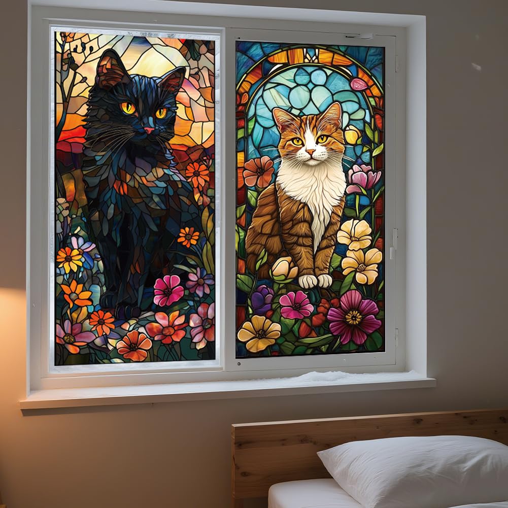 ANATTASOUL Adesivi Statici per Finestre Grandi Gatto Nero e Gatto Arancione Adesivi Riutilizzabili per Finestre in Vetro, 120 cm x 30 cm Adesivi per Finestre Rimovibili Bifacciali per Decorazione di