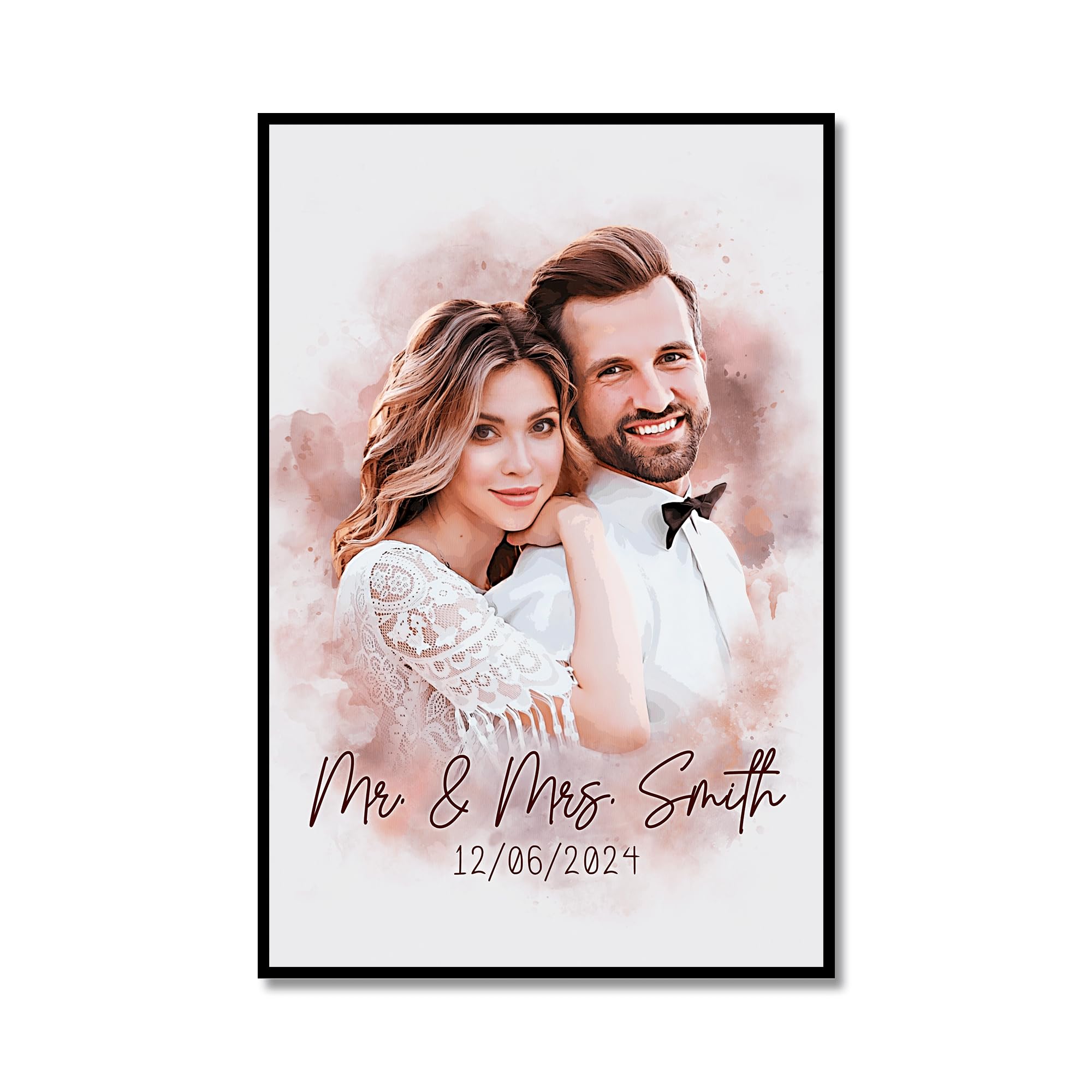 Custom Watercolor Portrait from Photo, Personalized Wedding Picture Frame for Couples, Engagement Picture Frame for Couples, Valentines Gifts for Her