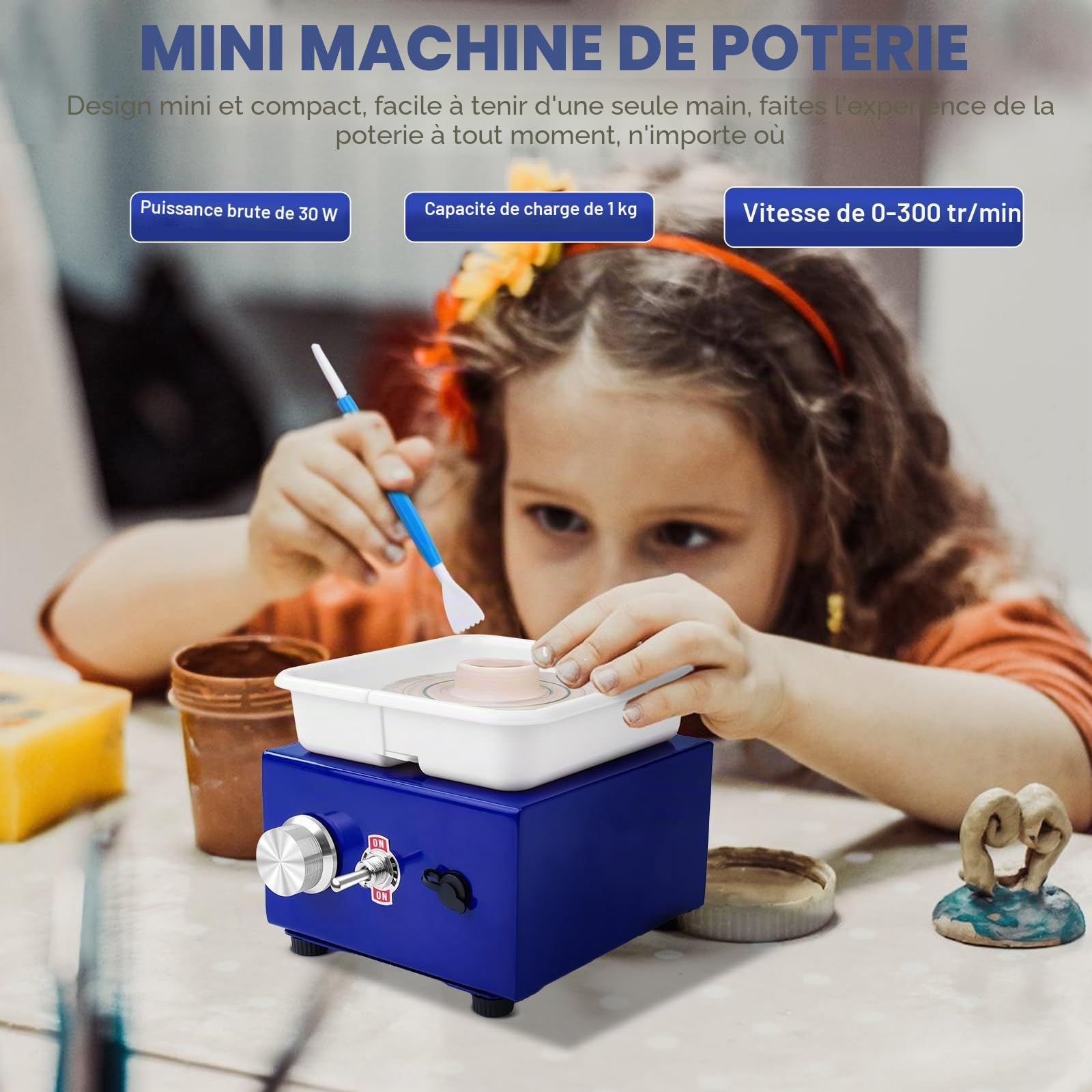Mini disque de poterie 30 W bleu, disque tournant électrique en céramique avec