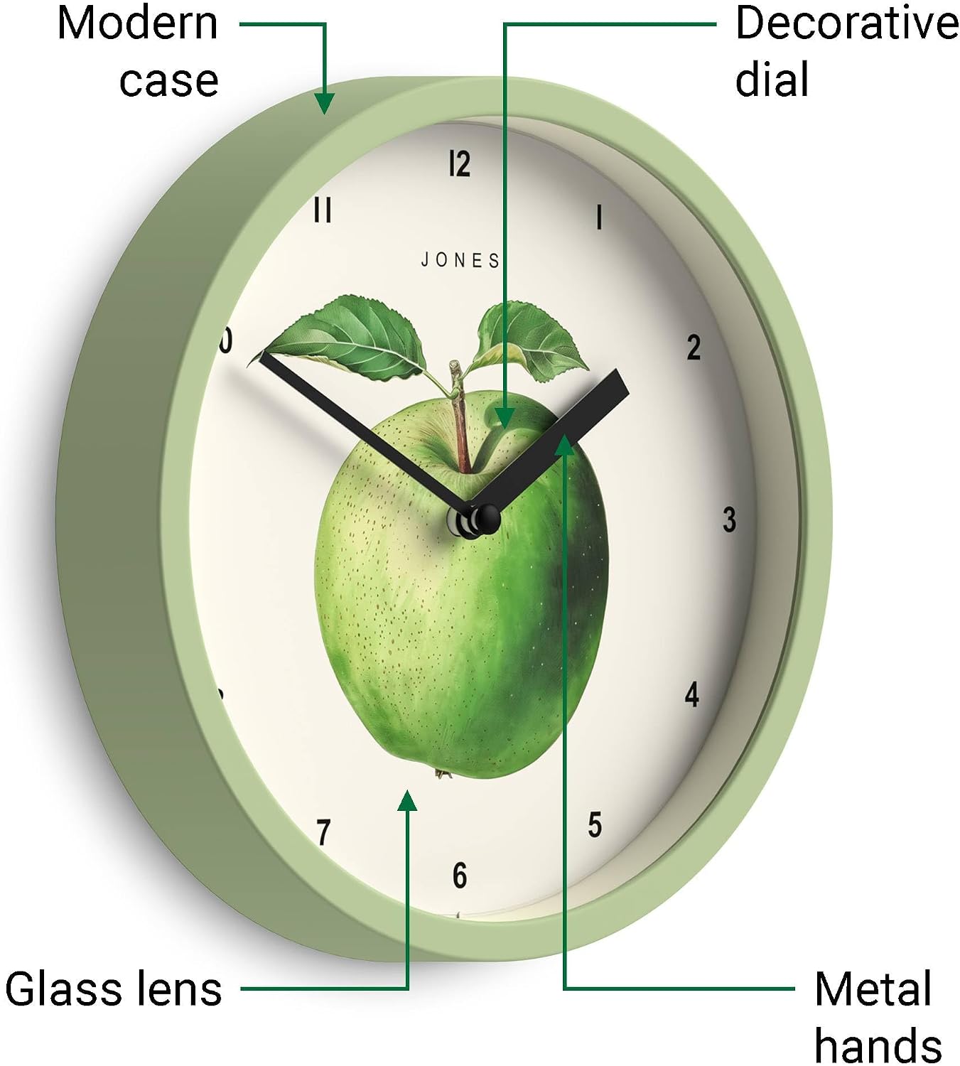 JONES CLOCKS® Fruit wall Clock | Small Round Clock | 8 inch | Green | Botanical Illustrated Apple Artwork | Ideal for Kitchen and Dining Rooms.