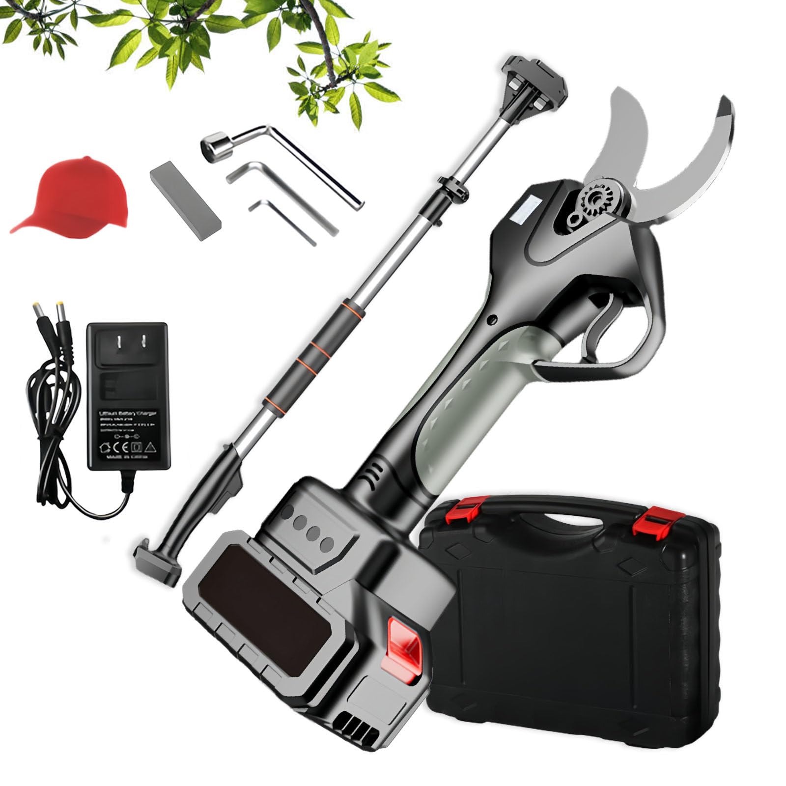 Tijeras De Podar Electricas con Pértiga,50mm Tijeras De Podar Telescopica Bateria 1-2 Baterías, Extender 2.15m, Potente Motor Sin Escobillas para Jardinería, Arboles Frutales 1battery