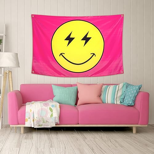 Miniatura 3 de Tapiz Preppy - Bandera de cara sonriente rosa de 60 x 40 pulgadas, poliéster 200D resistente, pancarta de sonrisa linda para habitación de