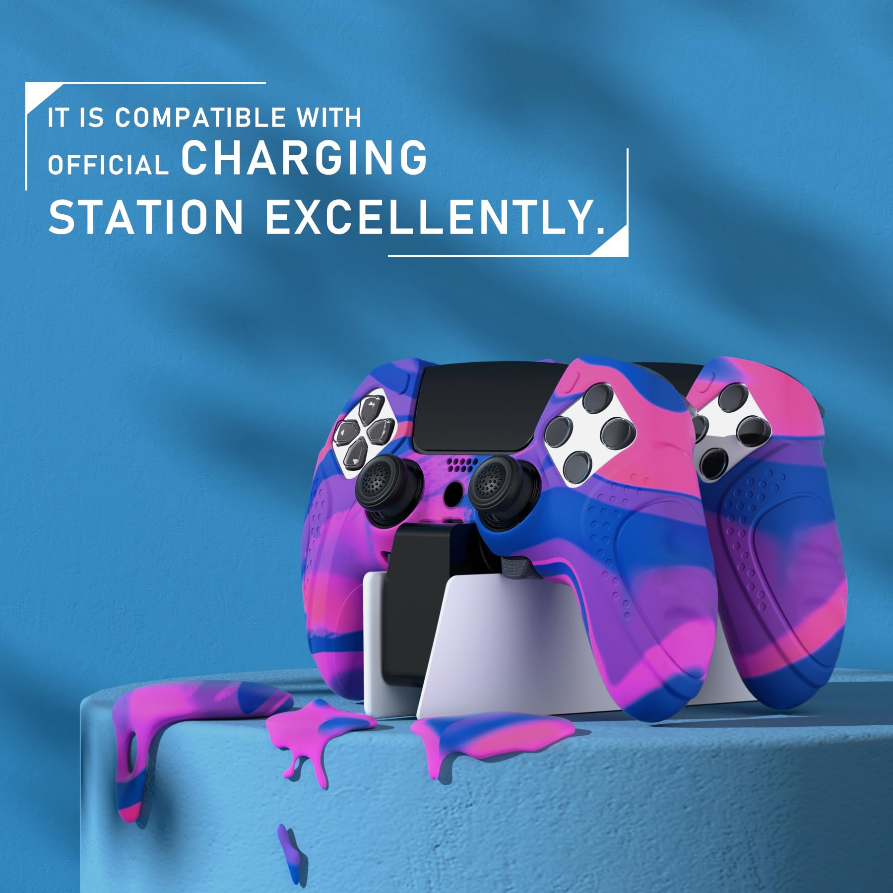 PlayVital Funda de Silicona Antideslizante para ps5 Edge - Cubierta Protectora con 2 Tapas de Joysticks, Protector de Goma para ps5 Edge Mando, Diseño Ergonómico (Edición Guardian - Rosa&Morado&Azul)