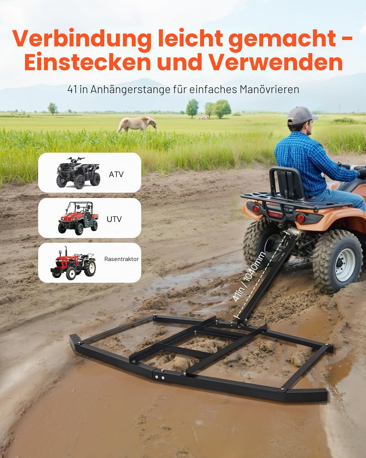 VEVOR Schleppegge, 188x199x11 cm, Wiesenegge, Q235 Stahl-Rasentraktor mit verstellbaren Stangen und Bolzenkupplung, Wiesenschleppe für Geländefahrzeuge, UTVs, Garten- und Rasentraktoren