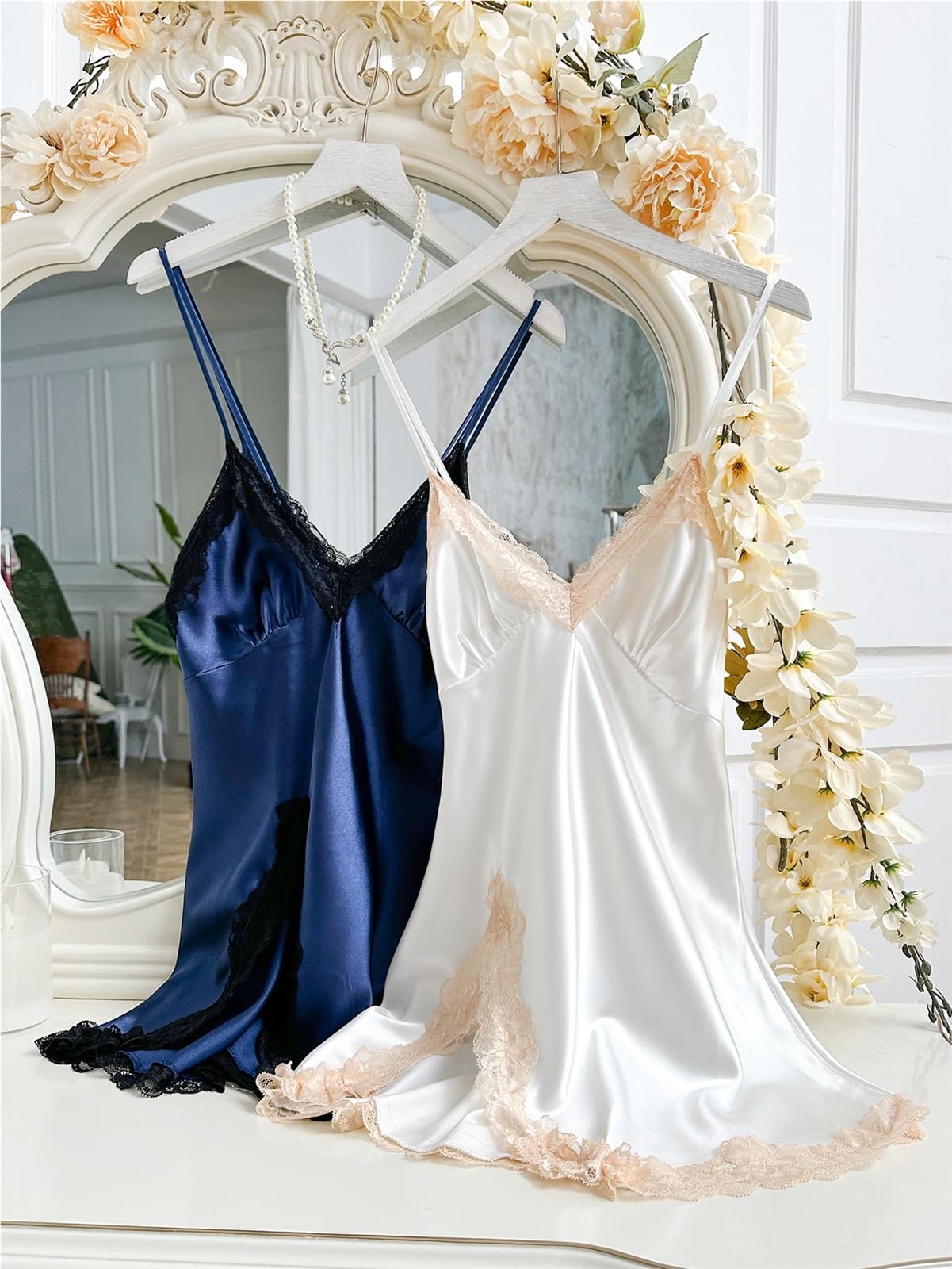 Camicia Da Notte Halter Set da 2 pezzi in pizzo, pigiama sexy con scollo a V, design da donna, abito con scollo a V, camicia da notte con scollo a V for dormire Per La Casa(Champagne and Red,S)