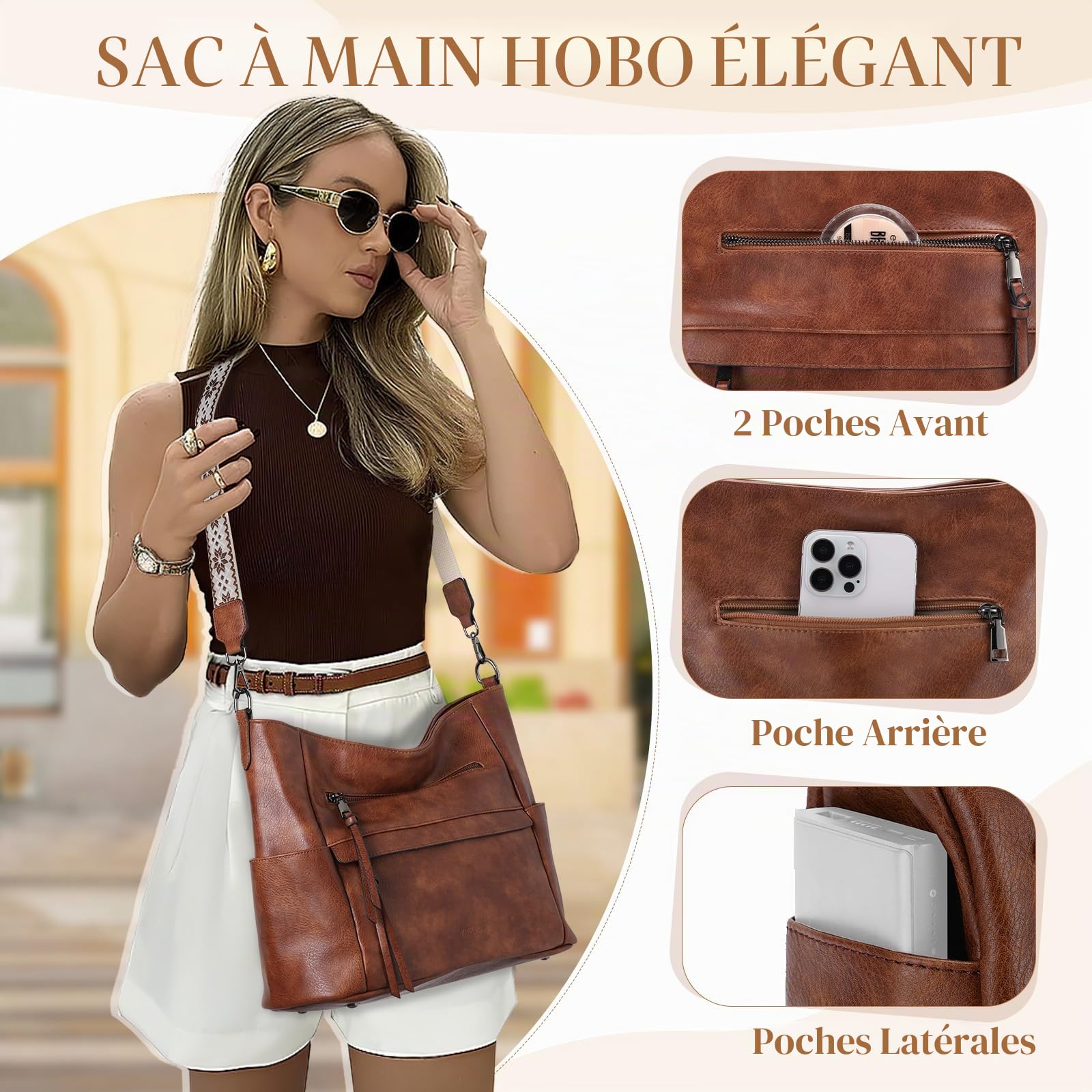 VASCHY Sac à Main Hobo Femme, Sac Bandoulière Femme Cuir PU Grande - Sacs à Main Portés Épaule/Portés Main avec Portefeuille pour Shopping, Travail et Voyage