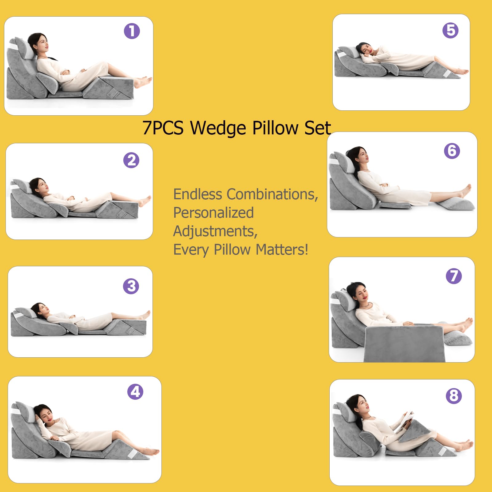Jolitac 6 Piece Wedge Pillow Set, Memory Foam Reading Pillow, Back Support Pillow, Leg Cushion for Relaxing, Ergonomic for Sitting, Reading, Back Pain, Leg Pain Pillow for Bed, Couch
