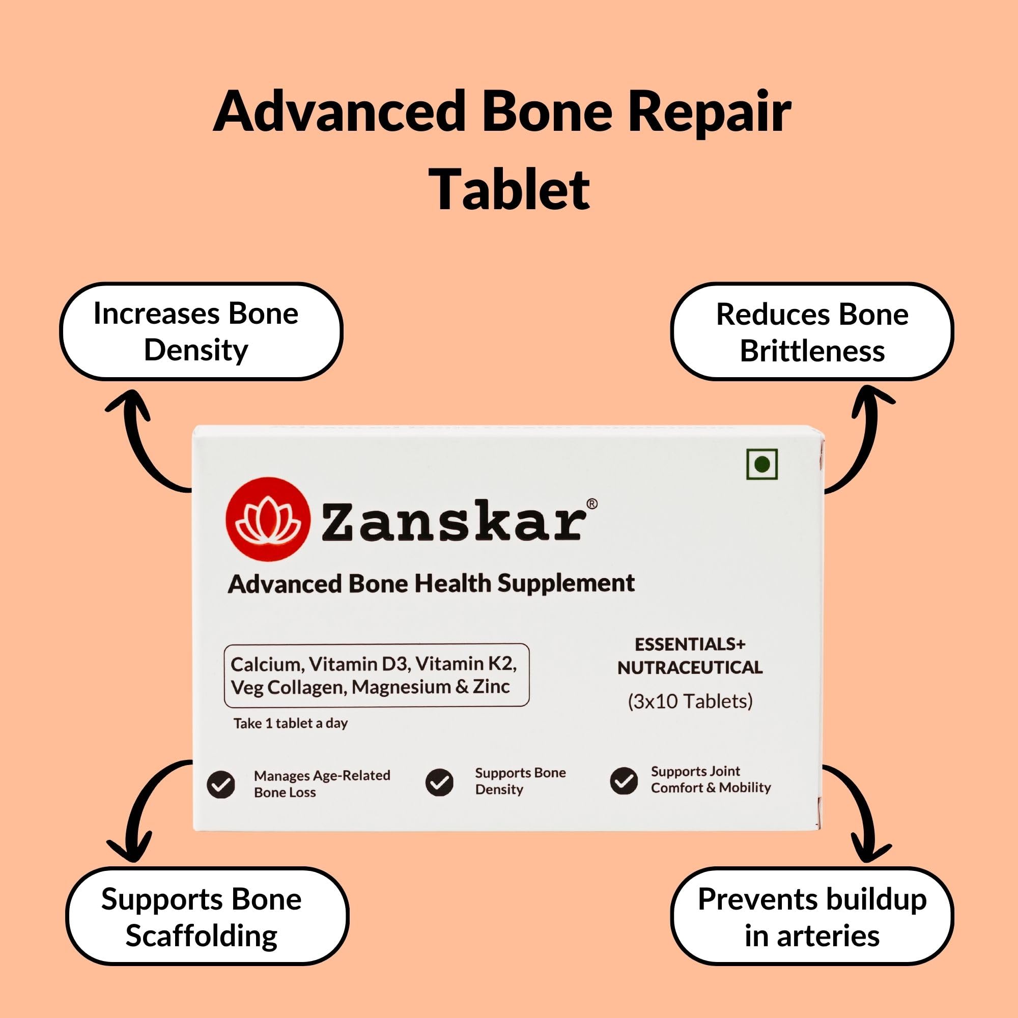Zanskar Advanced Bone Health Tablet (90 Tablets) | Calcium, Vitamin D3, Vitamin K2, Collagen, Magnesium & Zinc (1200mg) | 100% Veg | Bone Health and Joint Support — Amazon image 2