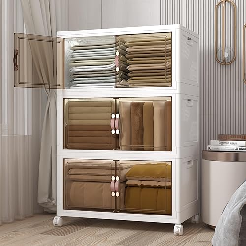 Miniatura 17 de Contenedores de almacenamiento extra grandes apilables con tapas y ruedas y puerta, 448QT-112QT/28GAL*4Pack Organizadores de armario plegables y
