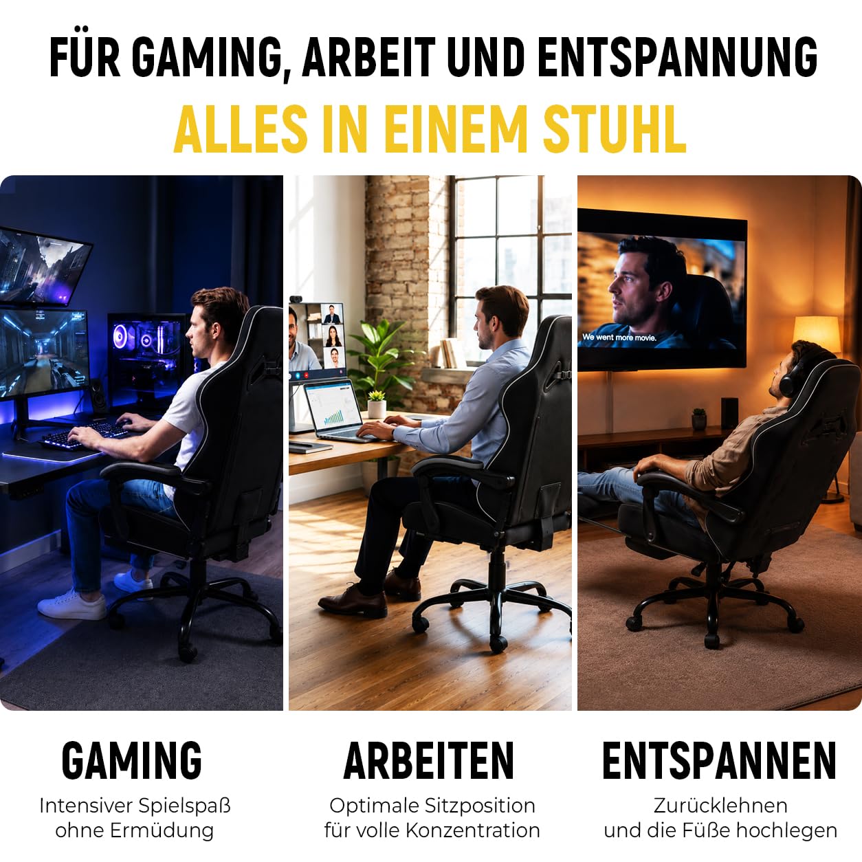 Gaming Stuhl Gamer Sessel - Tech-Stoff, hochdichter Schaum, Taschenfederung, 150 kg, mitlaufende Armlehnen, verstellbare Rückenlehne (90-135°), Fußstütze, Schwarz