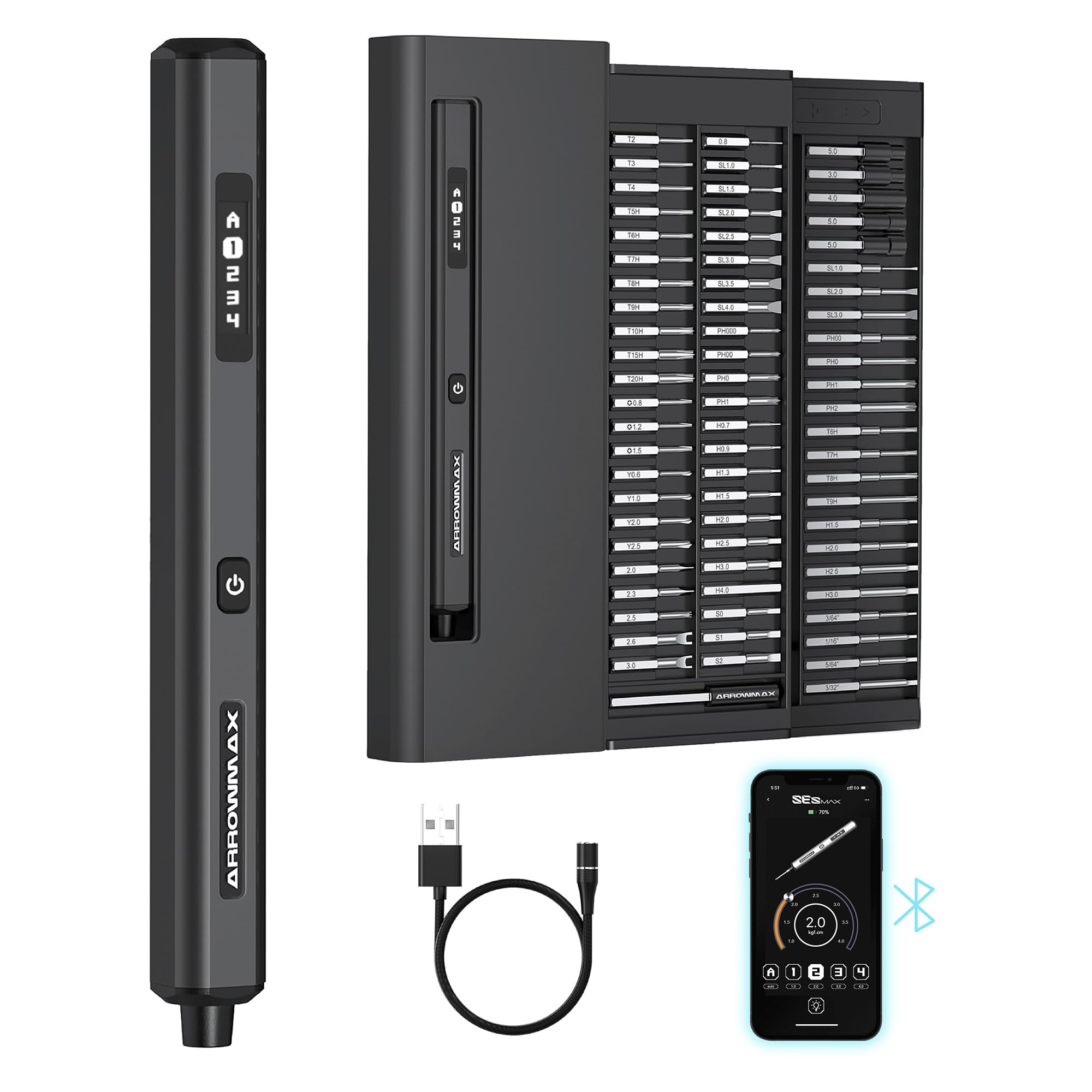 ARROWMAXElectric Screwdriver - Rechargeable with 32-bit Microprocessor & HD OLED Display for High Precision Tasks, Up to 3.47 in-lb / 4.0kgf.cm Torque, for Electronics Model Repairs (SES MAX) Black