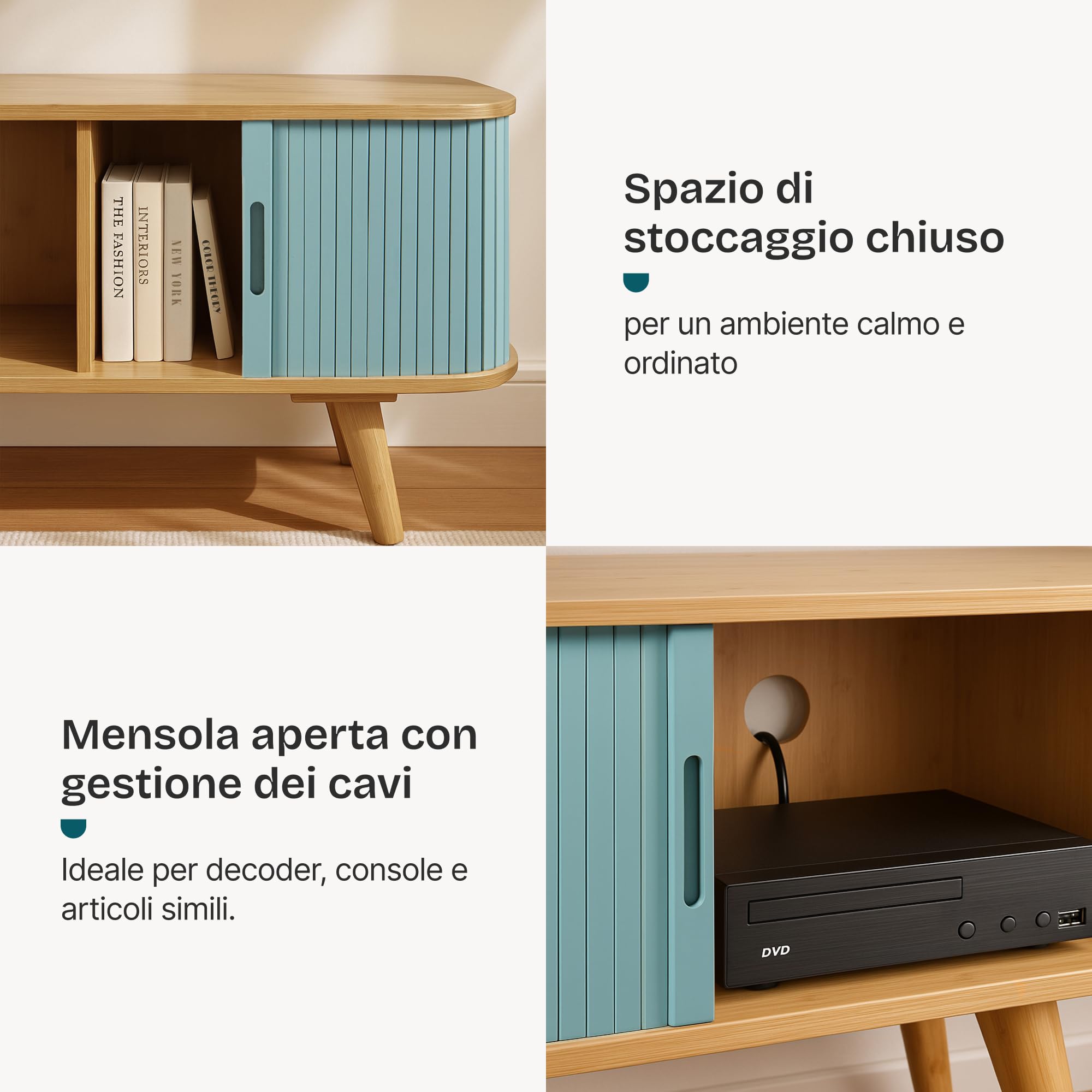 [en.casa] Mobile Tavolino Porta TV con Scomparti e Ante Scorrevoli Armadio Basso Stand TV e Centri Multimediali 120 x 40 x 58 cm - Naturale/Azzurro