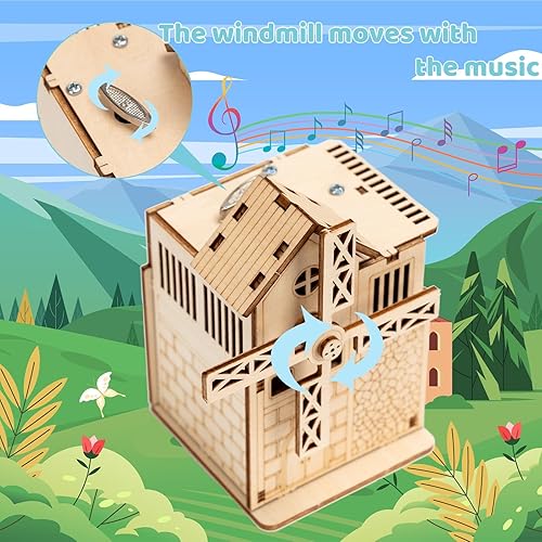 Miniatura 3 de CYAZOO - Rompecabezas de madera 3D para adultos, kit de modelo de molino de viento DIY con música que se puede girar, caja de música, rompecabezas
