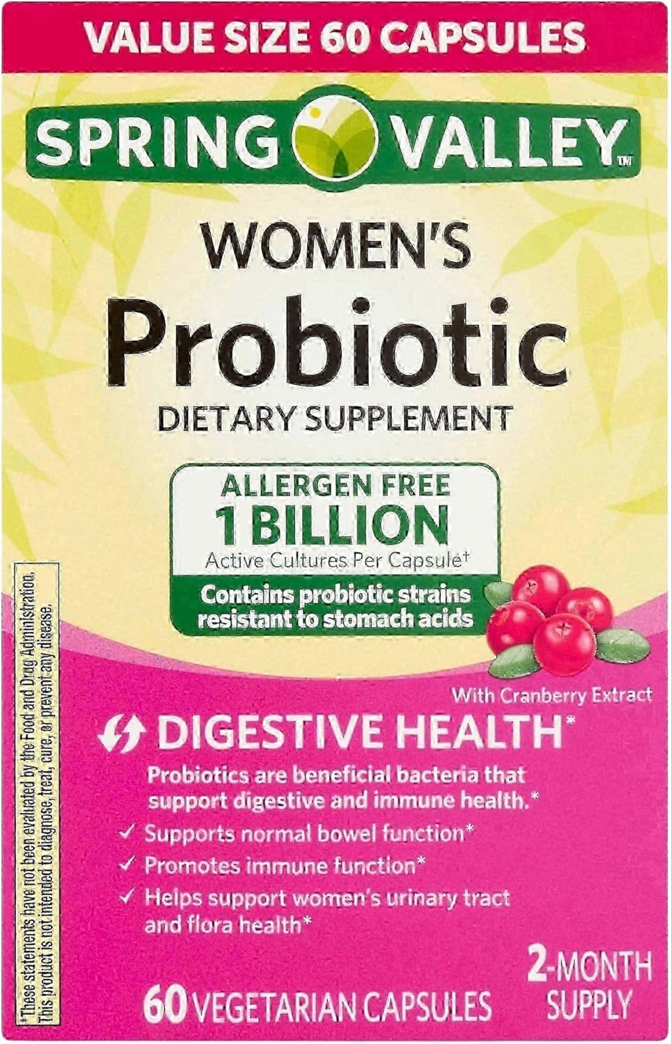 Spring Valley Probiotics for Women Capsules 60 Count 1 Billion CFU Daily Supplement with Digestive Enzymes and Prebiotics Gut & Digestive Health Support (60 Capsules)