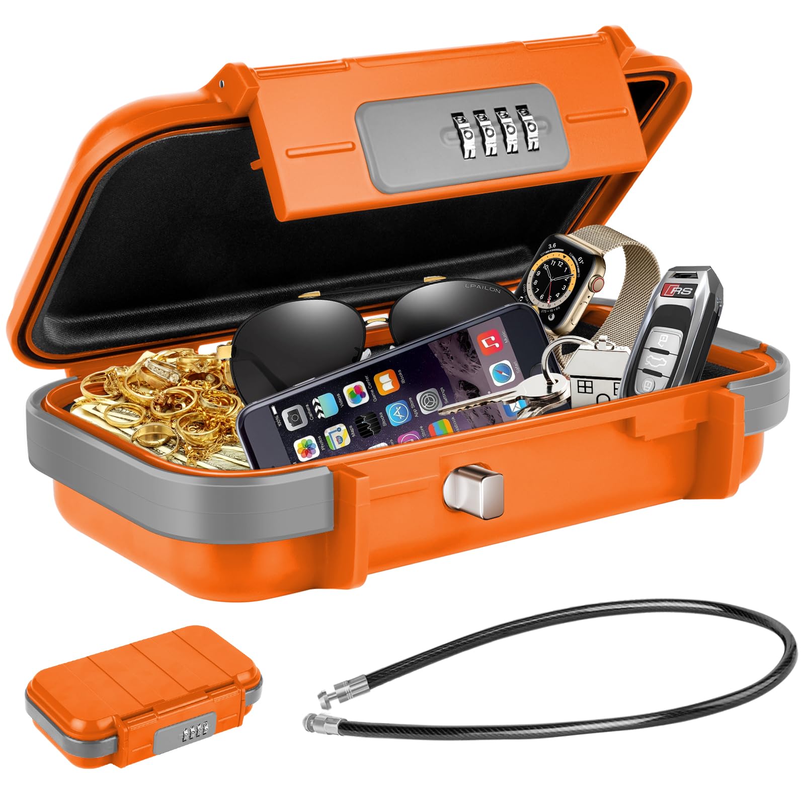 HUANLANG Coffre-fort portable avec serrure à combinaison, mini coffre-fort étanche avec câble métallique amovible pour dortoir, voyage, plage, hôtel, voiture, maison, bureau