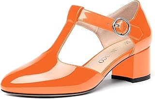 MODENCOCO Women's Party T Strap Fashion Round Toe Buckle Patent Chunky Low Heel Pumps Dress Shoes 2 Inch