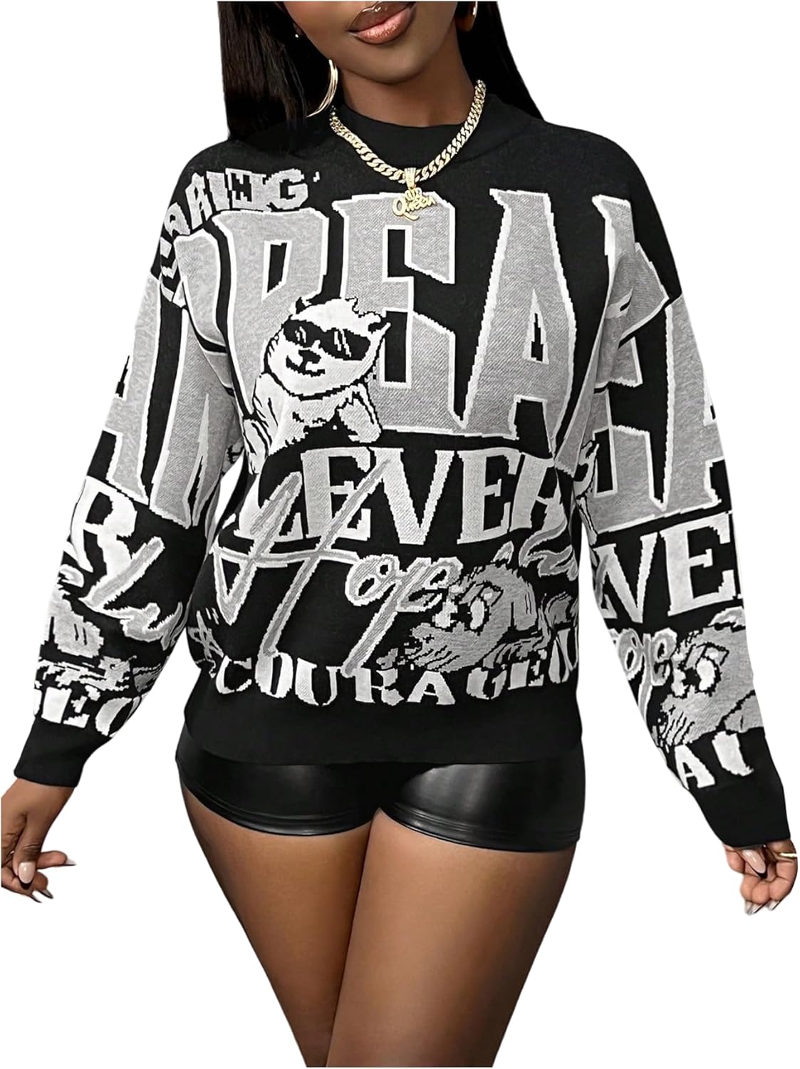 WDIRARA Women's Graphic Sweater Crew Neck Long Sleeve Pullover Knit Top Streetwear