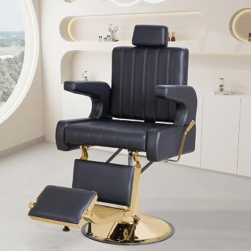 Barber Salon Hair Chairs for Barbershop, Hydraulic Barber Chair, BK/GD | 360 Swivel | 135Reclining | PU Leather | Adjustable Headrest & Footrest | High-Density Sponge | for Salon, Spa, Home