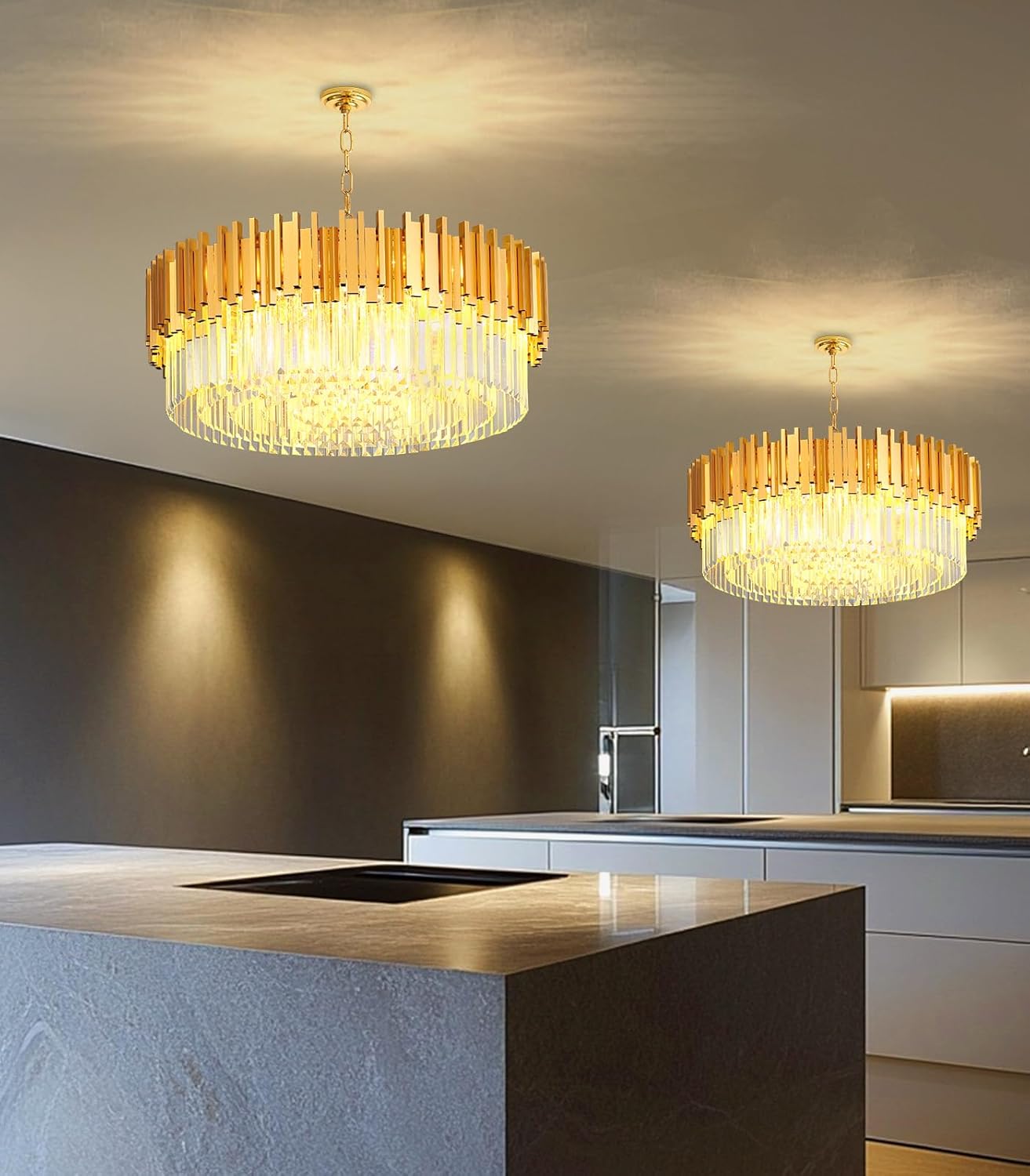 32" Large Crystal Chandelier Dining Room 1 Tiers Light Fixtures Chandelier Round Chandeliers for Living Room Kitchen Island Foyer Entryway Gold