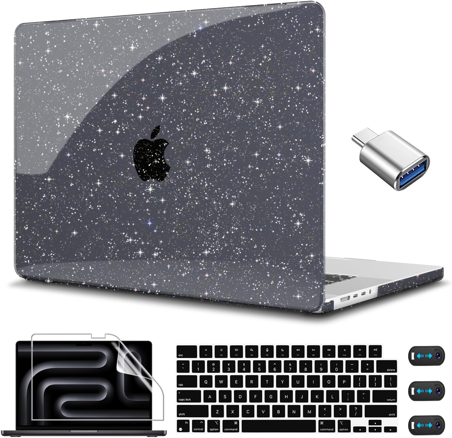 CISSOOK Sparkly Glitter Star Case for MacBook Pro 14 Inch M5 A3434 M4 A3112 A3185 A3401 A2918 A2992 M3 A2779 M2 A2442 M1 Pro Max, Black Hard Shell Case for MacBook Pro 14 2025-2021 Release