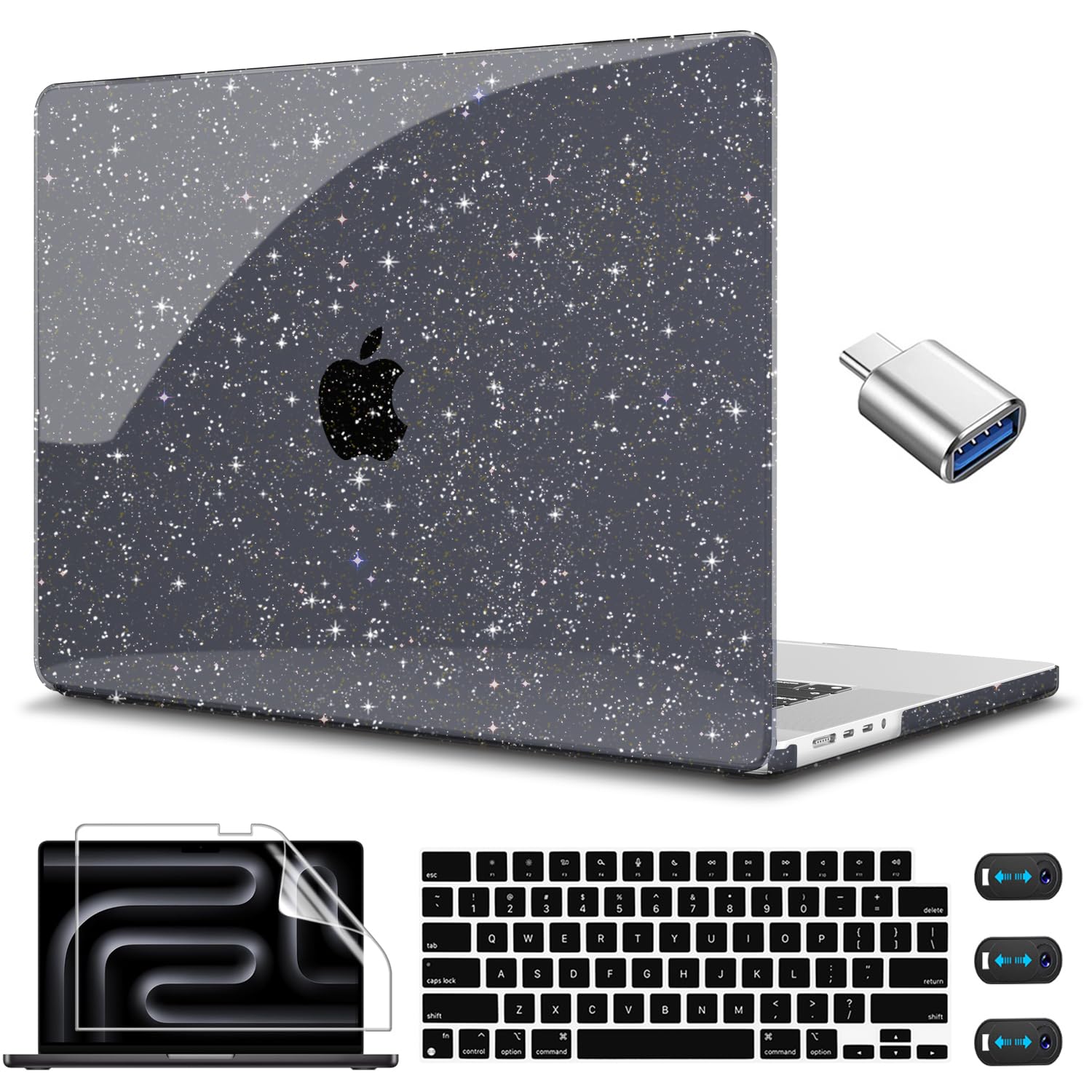 CISSOOK Sparkly Glitter Star Case for MacBook Pro 14 Inch M5 A3434 M4 A3112 A3185 A3401 A2918 A2992 M3 A2779 M2 A2442 M1 Pro Max, Black Hard Shell