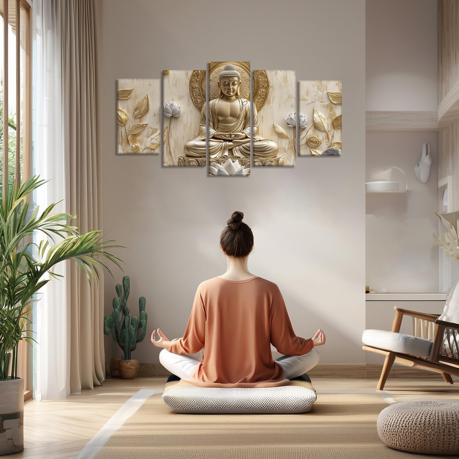 Buddha Canvas Wall Art 5 Piece Zen Wall Decor Buddhism Meditation Picture Flower Leaf Prints for Spiritual Room Living Room Home Decor Framed(Picture-2,8x14inx2 8x18inx2 8x22inx1)