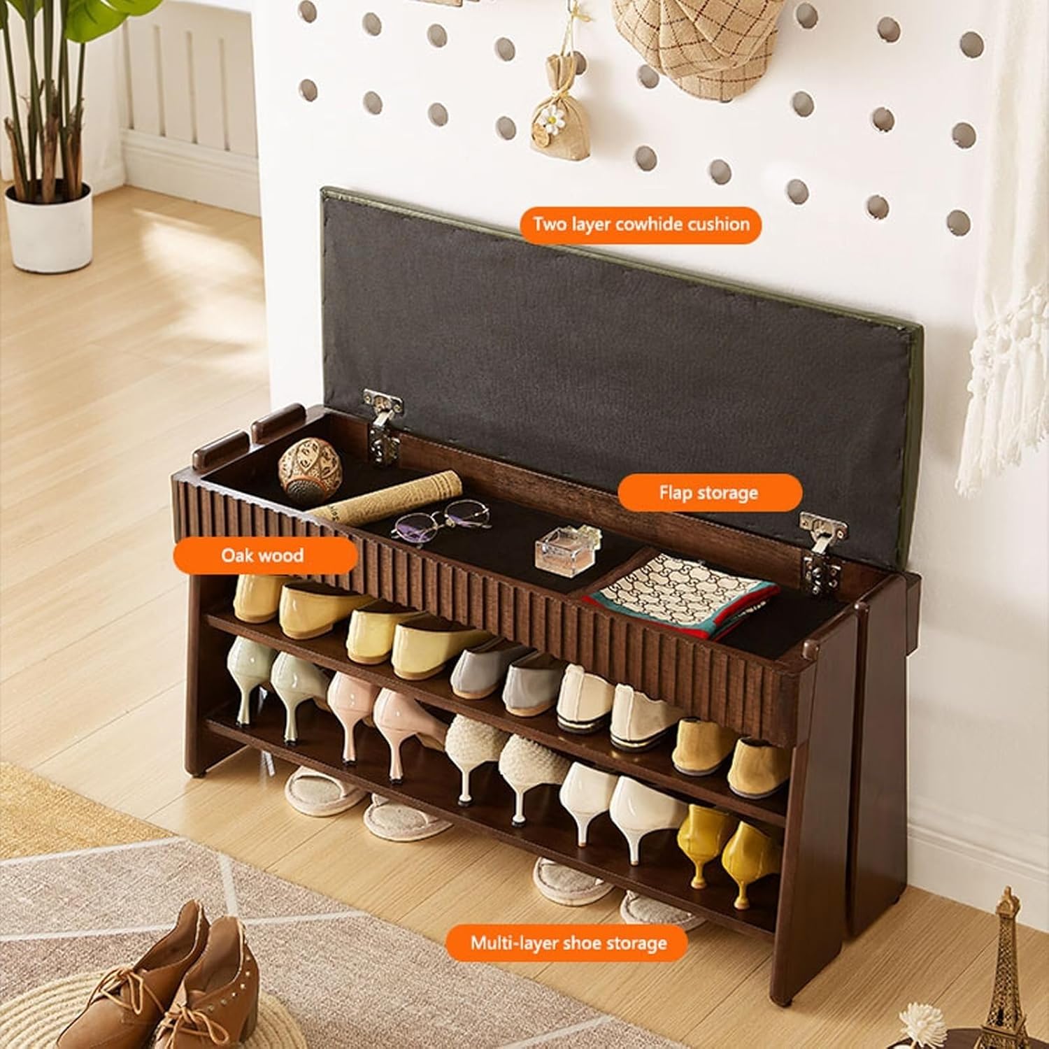 Entryway Shoe Rack Organizer with Upholstered Bench, 3-Tier Wooden Shoe Storage with Padded Seat for Bathroom and Front Door
