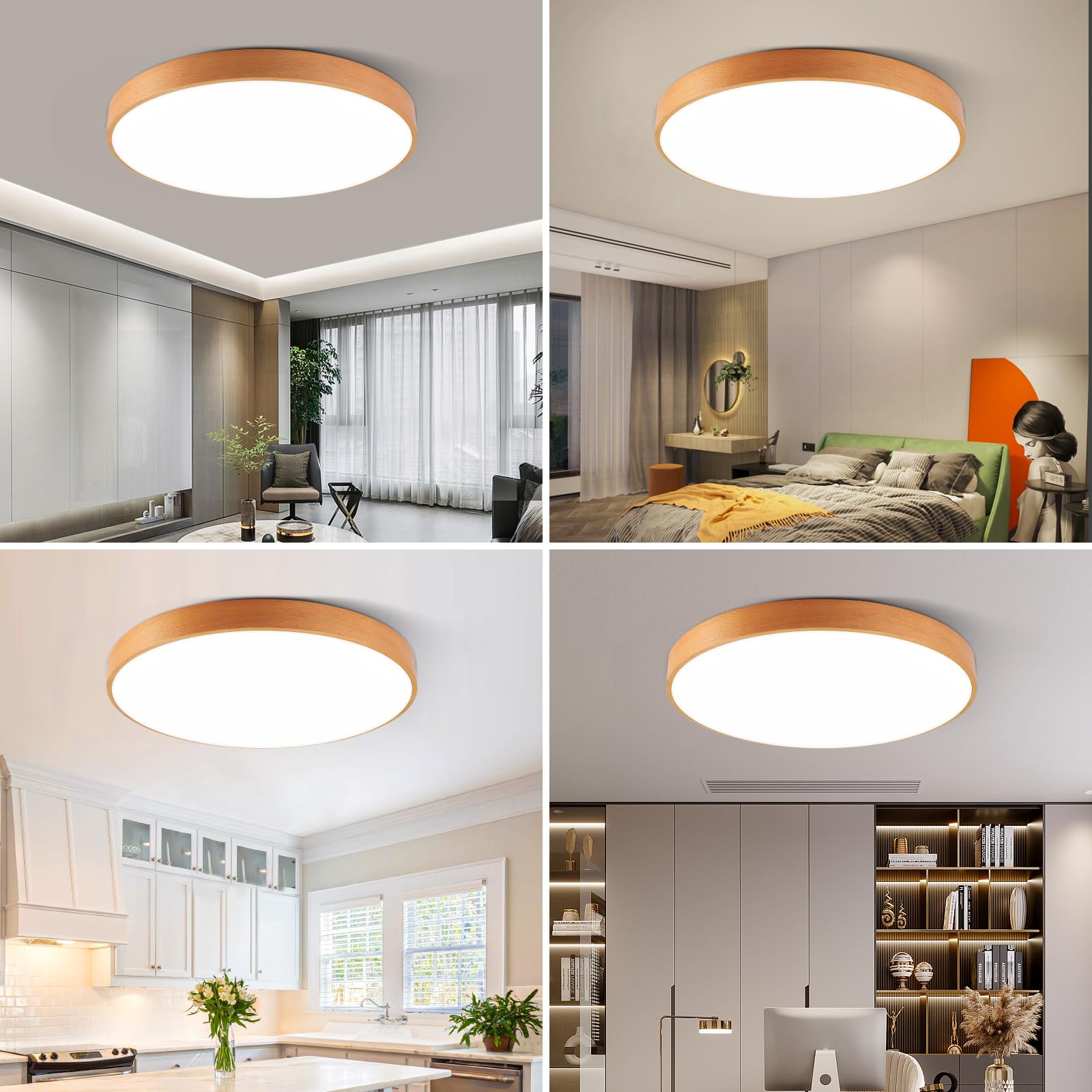 Plafoniera intelligente LED WiFi con telecomando, lampada da soffitto in legno di faggio naturale compatibile con Alexa Google Home, luce cambia colore dimmerabile per la camera da letto