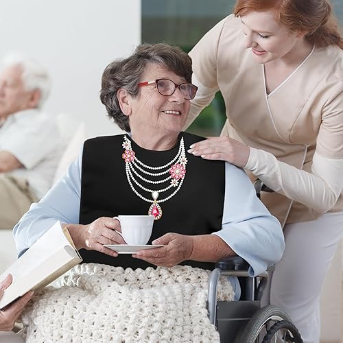 Miniatura 10 de SATINIOR 6 baberos para adultos, lavables y reutilizables, protectores de ropa con atrapa migas, hermoso patrón de baberos