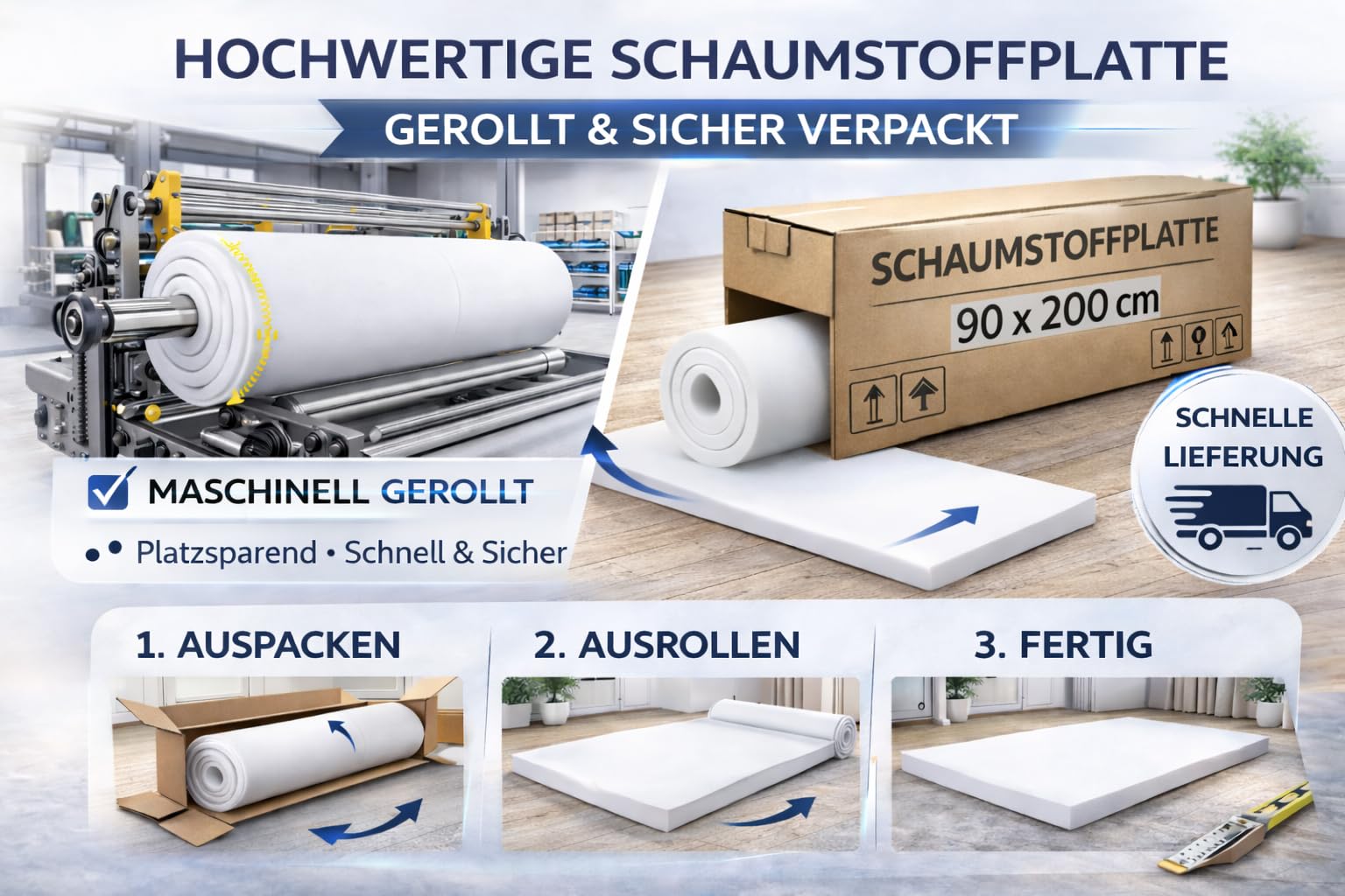 All4All Schaumstoffplatte RG25/44 90x200 cm – Mittelfest - Polsterschaum – Zuschnitt für Matratze, PU-Schaumstoff - Polster & Wohnmobil - Camper & DIY (90x200x10cm)