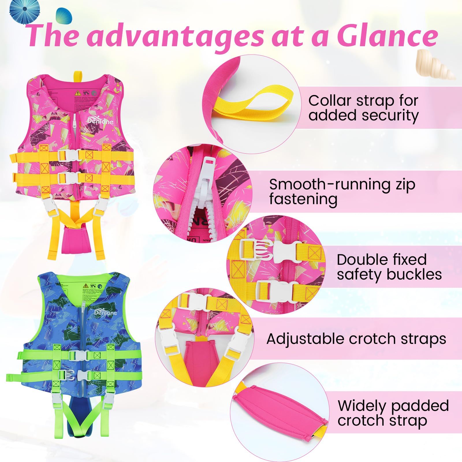 Giubbotto da nuoto per bambini in neoprene, costume da bagno per ragazzi e ragazze, costume da bagno per l'allenamento al nuoto con cinghie di sicurezza regolabili - Rosa S(1-3 anni)