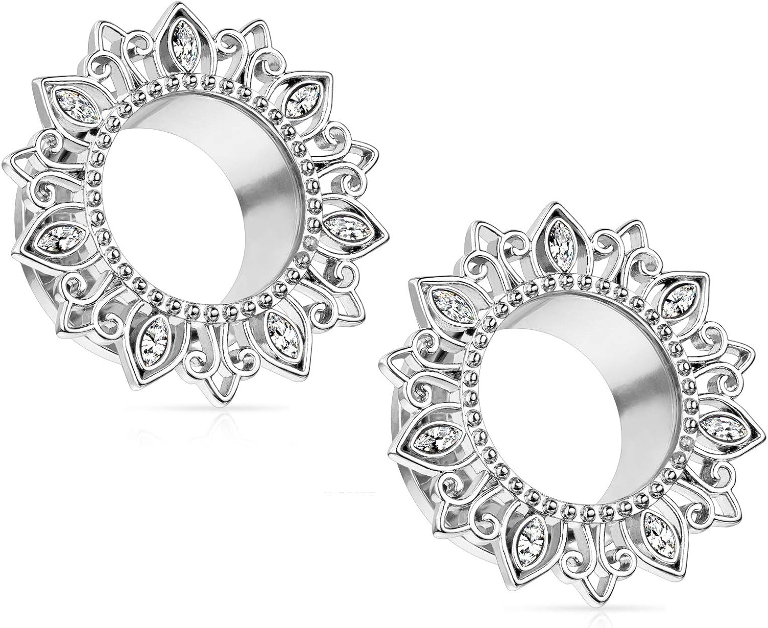 Pierced Owl - CZ Crystal Tribal Lotus Flower Screw Fit Tunnel Plugs, Sold as a Pair