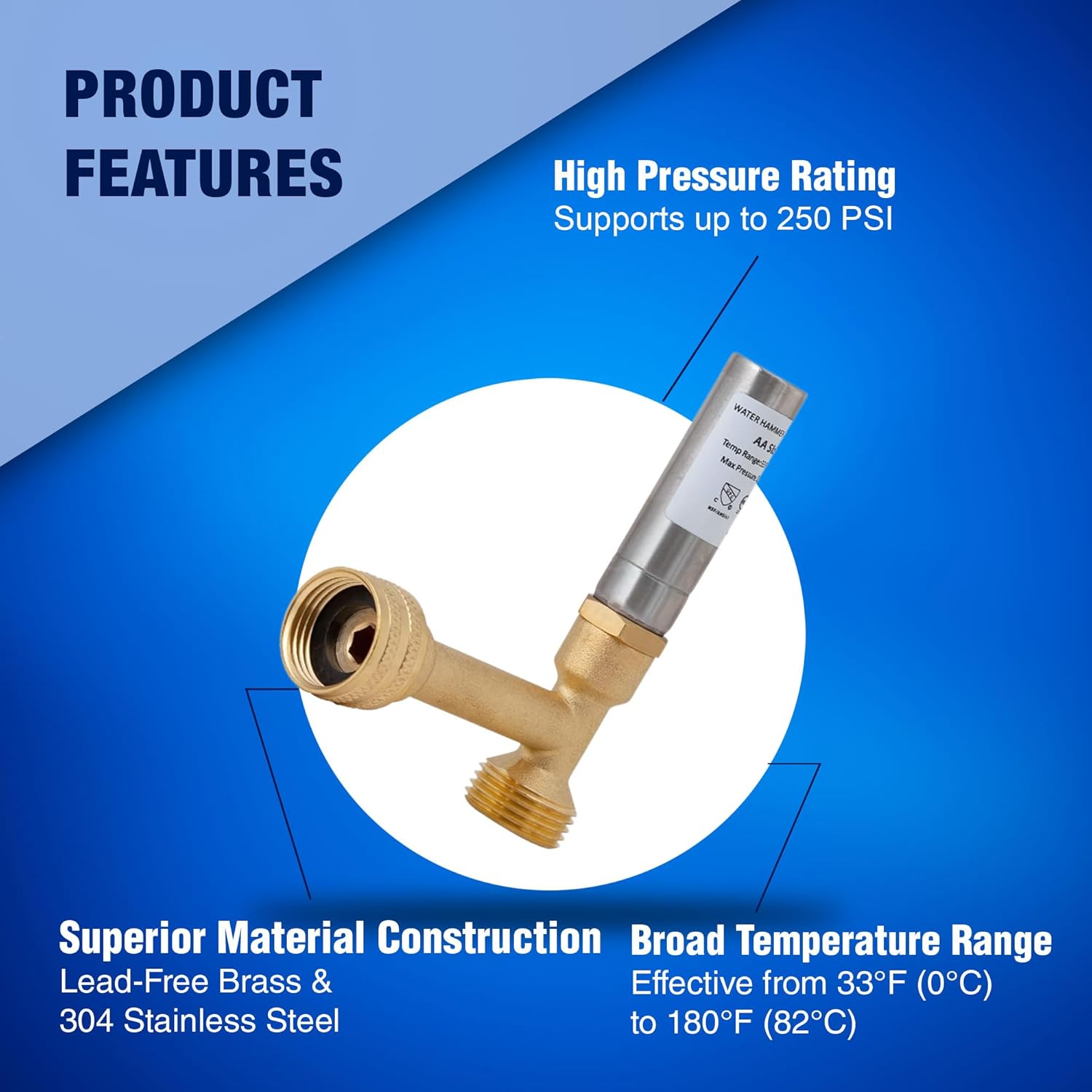 New Age America® 2pcs Angle 3/4" Hammer Arrestors AquaFlow 360™ | Washing Machine Water Hammer Arrestor | 3/4" Male GHT & 3/4" Swivel Female GHT | 304 Stainless Steel & Lead-Free Brass