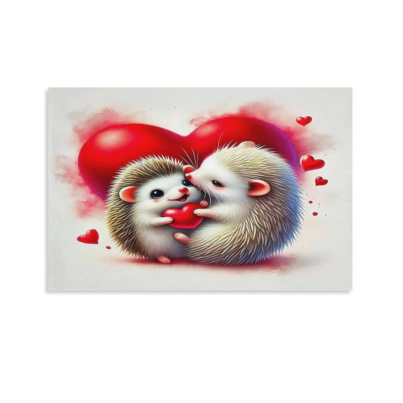 CPLVKWRQJ Cute Hedgehog Holding Single Two Hedgehogs Big Red Heart Canvas Wall Art - Fade Resistant Ready to Hang Living Room Focal Point Wall Decor 16x24inch(40x60cm)