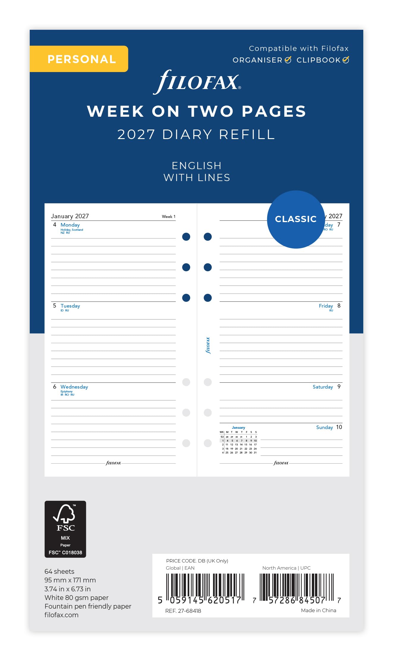 Filofax Personal Week on two pages lined 2027 diary 27-68418