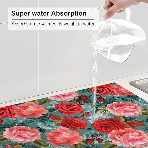 Vista 96 de Tapete de secado de platos de hojas florales verdes para encimera de cocina, 18 x 24 pulgadas, tapete absorbente reversible para platos Hoja floral
