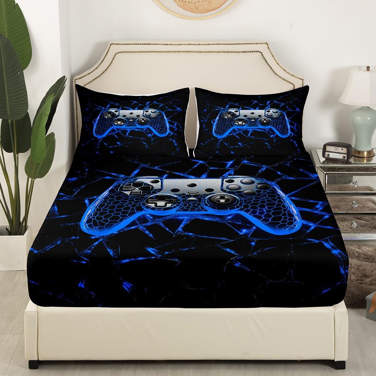 Abstract Honeycomb Gamepad Kids Fitted Sheet Twin Size,Video Games Gaming Modern Gamers Bedding Set,Boys Men Room Decor,Geometric Patchwork Blue Neon Bed Sheet,1 Pillowcase(No Flat) image 2