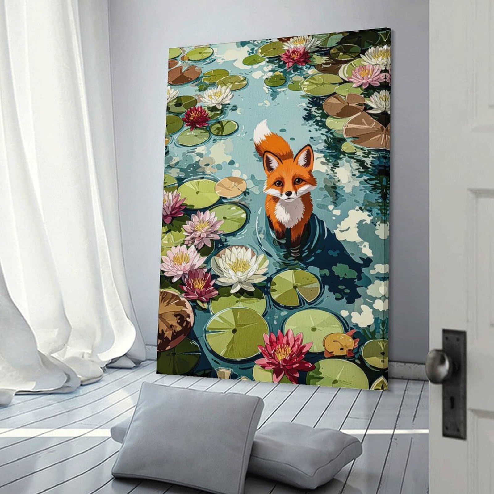 Junmoney Wall Decor Canvas Print Fox in Lily Pond Illustration, 16x24inch(40x60cm), for Study, Office Or Focused Interiors, Wall Art That Adds Style to Work Areas