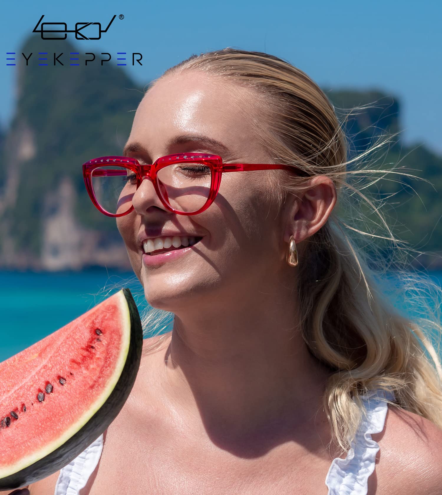 Eyekepper Reading Glasses for Women Rhinestone Readers Oversize Half-Moon Design Eyeglasses - Red+4.00 - Image 2