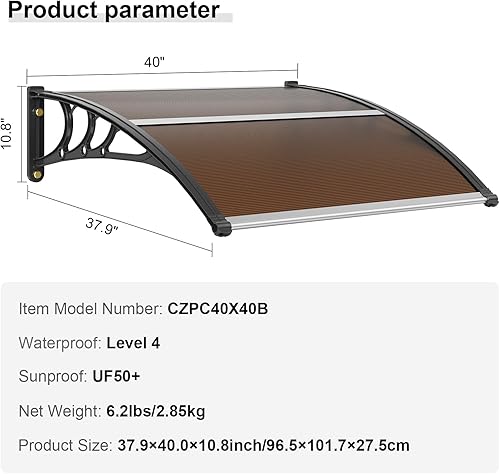 Miniatura 7 de VEVOR Toldo para puerta de ventana de 40 x 40 pulgadas, toldo de policarbonato UPF 50+ para puerta de entrada al aire libre, toldo voladizo de